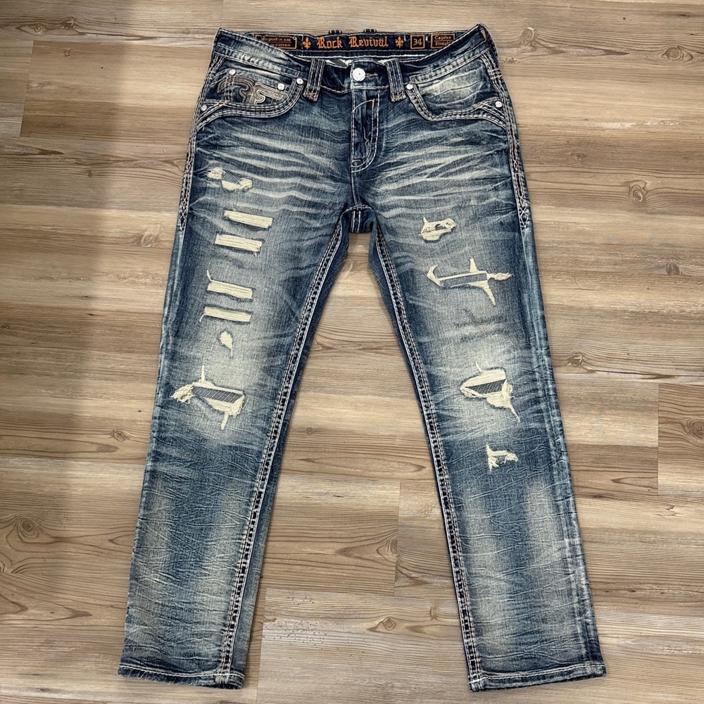 Rock Revival Men’s Distressed Washed Blue Straight Jeans